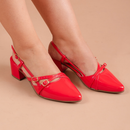 Sapato Feminino Slingback Scarpin Social Tiras Fivela Bico Fino Verniz Salto Baixo Bloco Confortável Boho