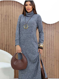 Vestido Feminino Lanzinha Premium Longo Tricot Canelado Malha la Grossa com Fenda Lateral